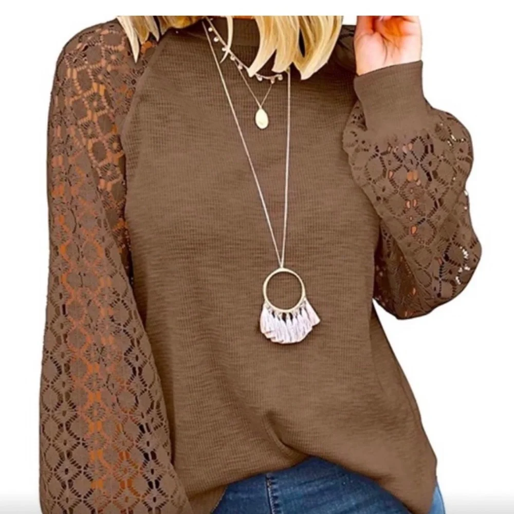 Miholl Thermal Lace Sleeve brown Long Sleeve Top. Size Large